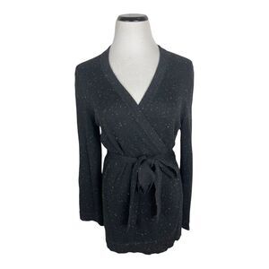 LOFT Black Speckled Wrap Cardigan L Petite Soft Knit Belted Cozy Fall Sweater